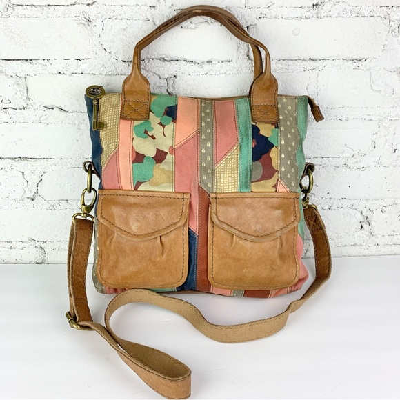 Fossil Patchwork Striped Canvas Leather Tote Satchel Purse - Picture 1 of 13